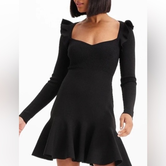 Express Black Long Sleeve Ruffle Shoulder Fit & Flare Dress – Size XS - Picture 1 of 9